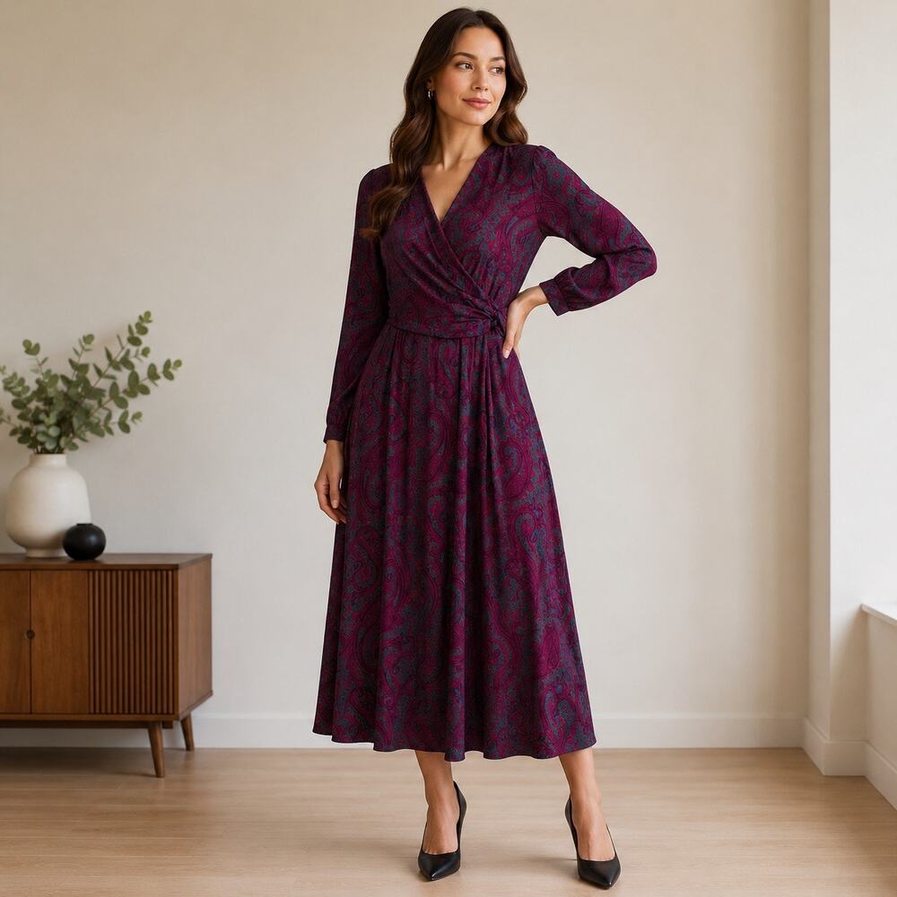 Vintage Neiman Marcus Paisley Midi Dress Wool Blend 10